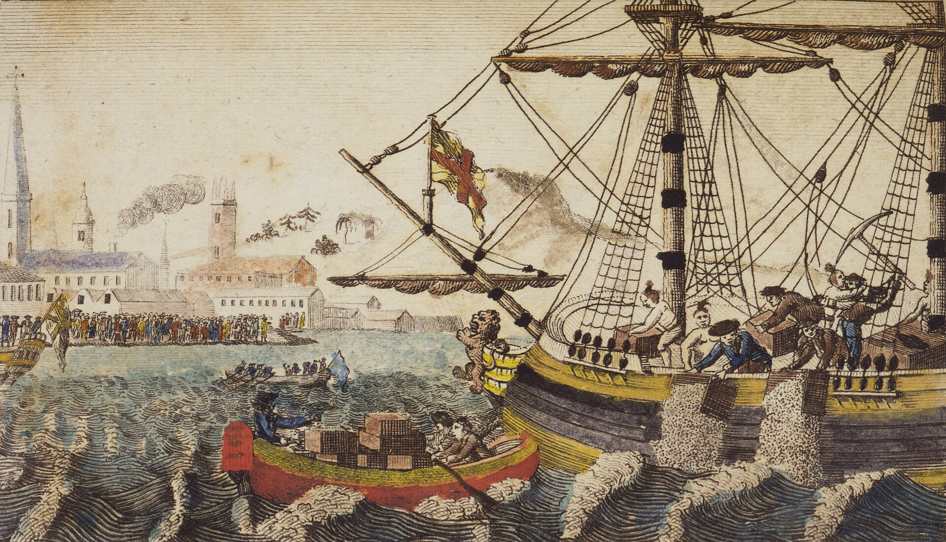 Colonists dumping chests of tea into Boston Harbor during the Boston Tea Party